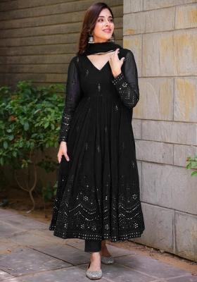 Black Embroidered Georgette Anarkali Set Wih Dupatta
