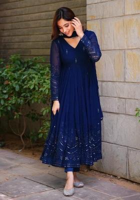 Blue Embroidered Georgette Anarkali Set Wih Dupatta