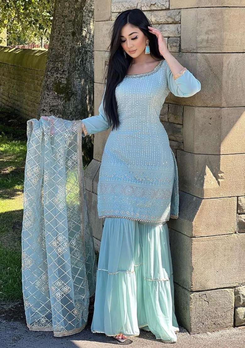Sky Blue Embroidered Georgette Sharara Set - Indya