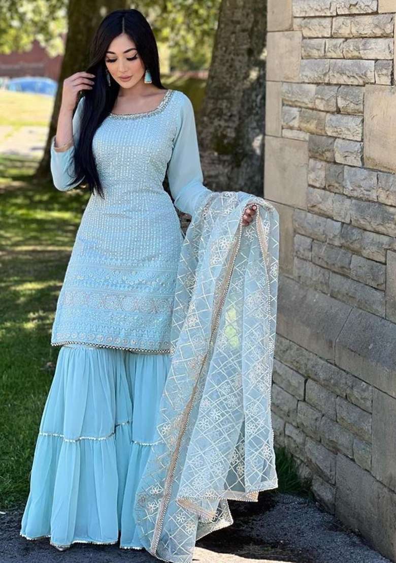 Sky Blue Embroidered Georgette Sharara Set - Indya