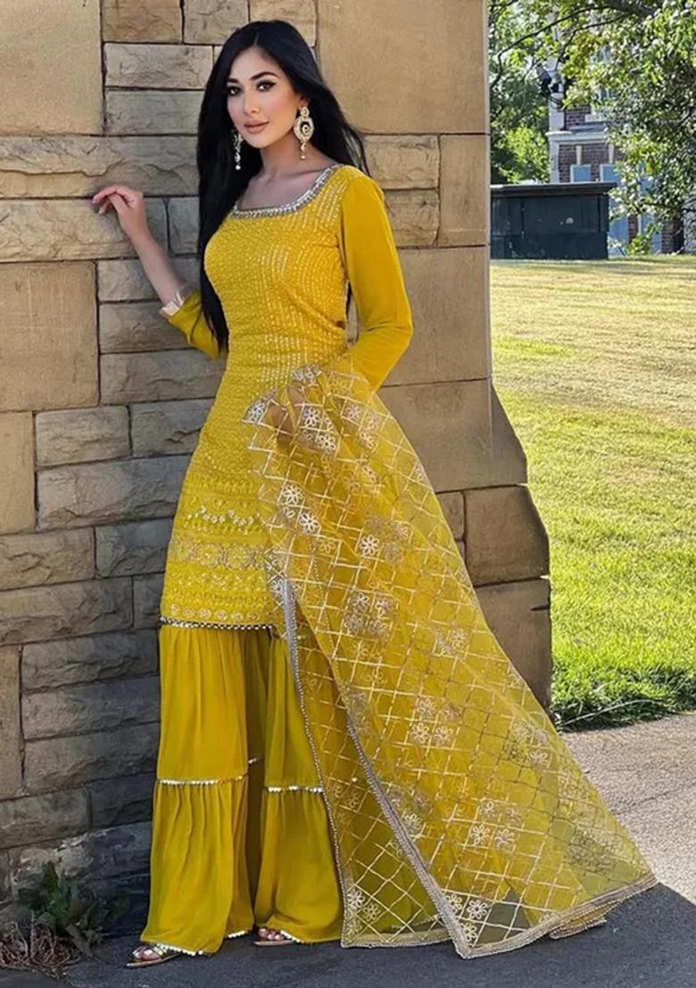 Yellow Embroidered Georgette Kurta Sharara Set