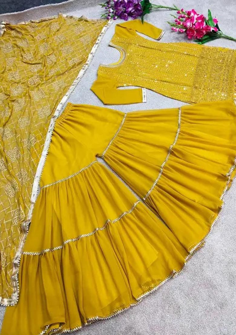 Yellow Embroidered Georgette Kurta Sharara Set