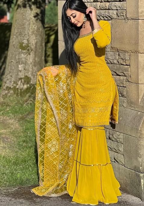 Yellow Embroidered Georgette Kurta Sharara Set