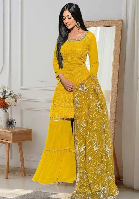 Yellow Embroidered Georgette Kurta Sharara Set