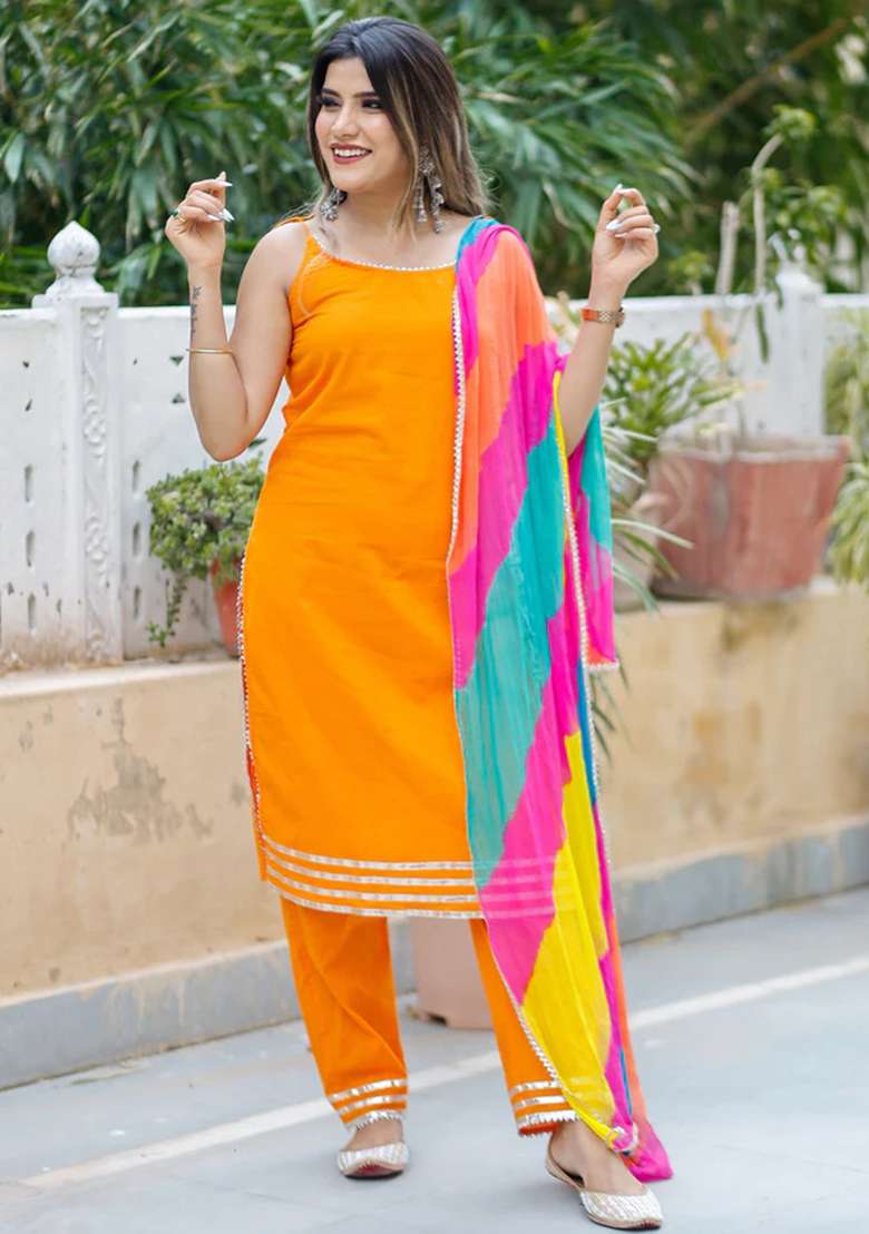 Orange Solid Georgette Straight Kurta Set - Indya