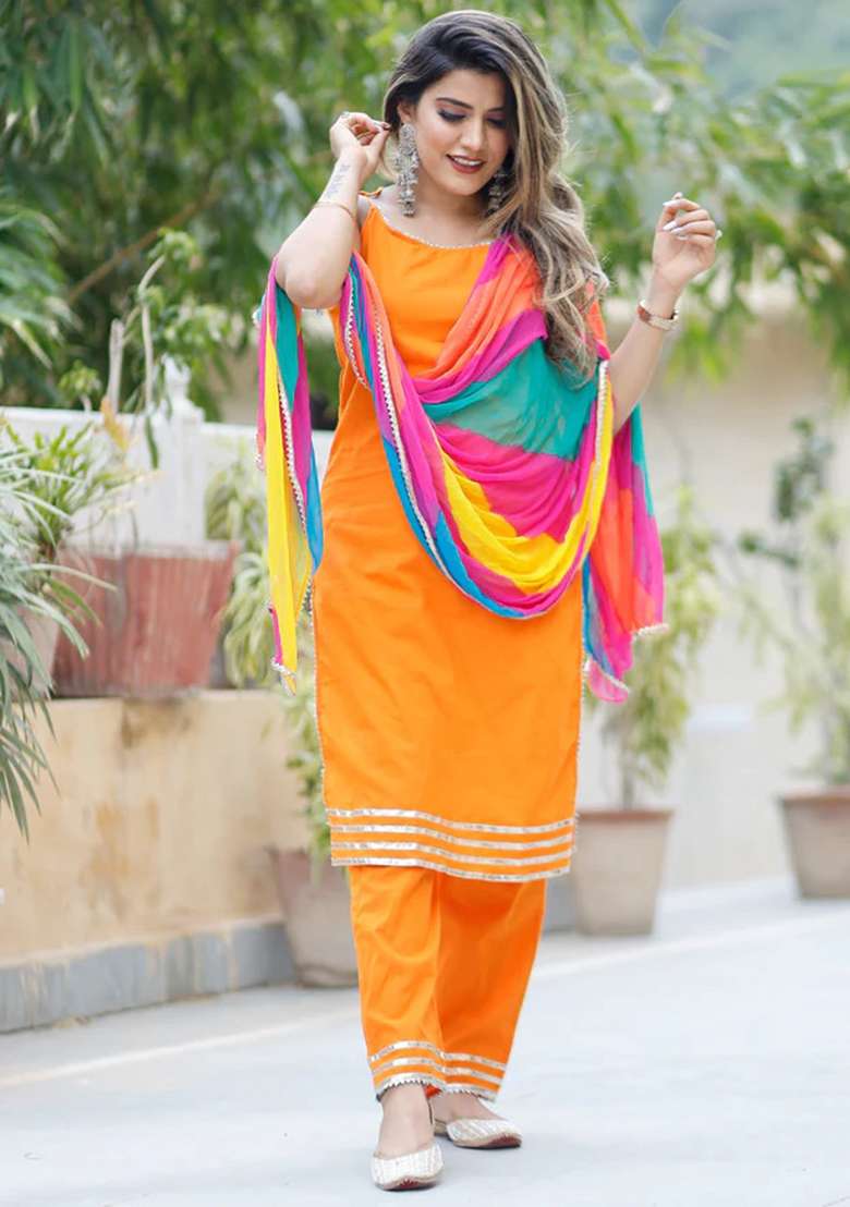 Orange Solid Georgette Straight Kurta Set - Indya