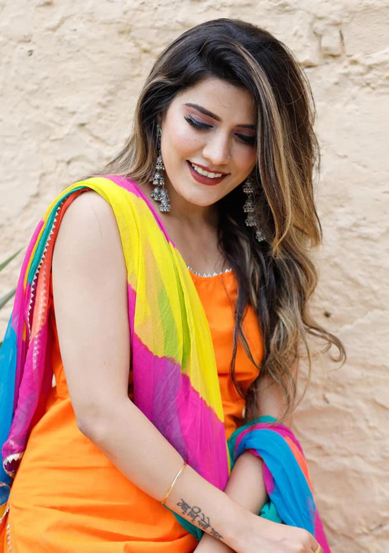 Orange Embroidered Georgette Salwar Kameez With Dupatta - Indya