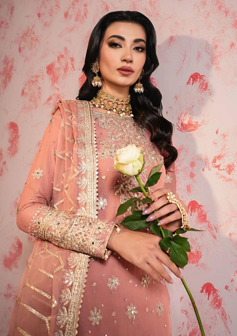 Peach Embroidered Georgette Kurta Sharara Set - Indya