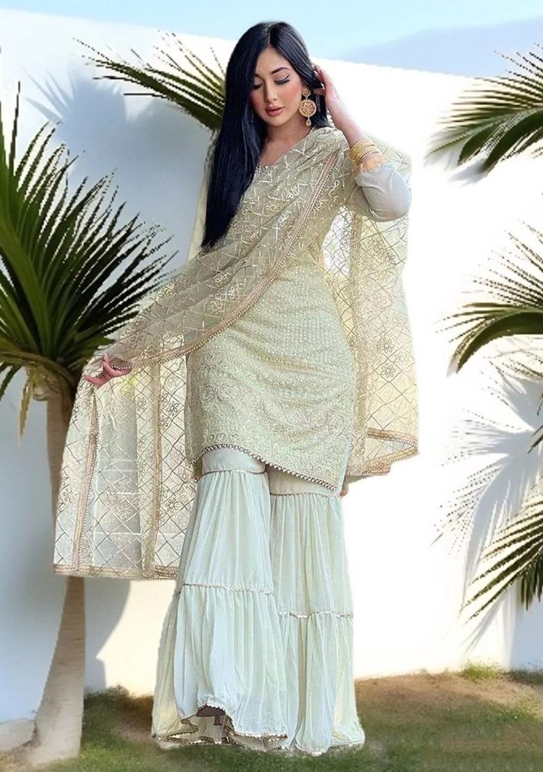 Pista Green Embroidered Georgette Kurta Sharara Set