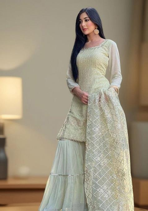 Pista Green Embroidered Georgette Kurta Sharara Set