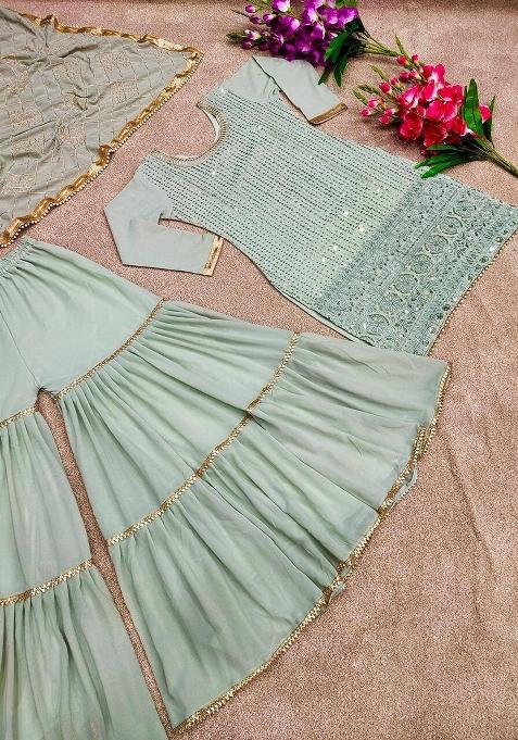 Pista Green Embroidered Georgette Kurta Sharara Set