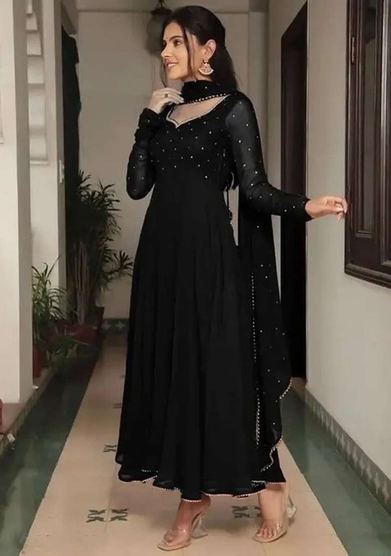 Black Embellished Georgette Anarkali With Dupatta - Indya