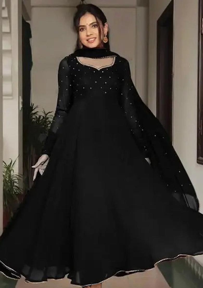 Black Embroidered Georgette Anarkali Set Wih Dupatta - Indya