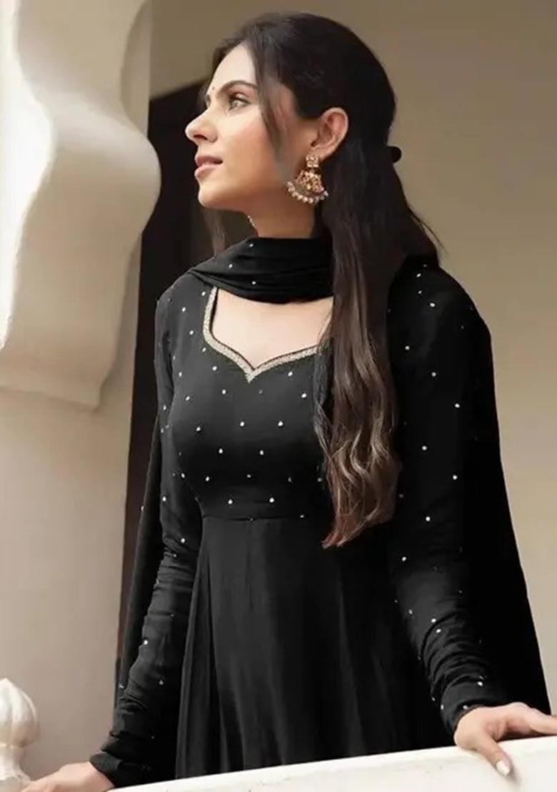 Black Embroidered Georgette Anarkali Set Wih Dupatta - Indya