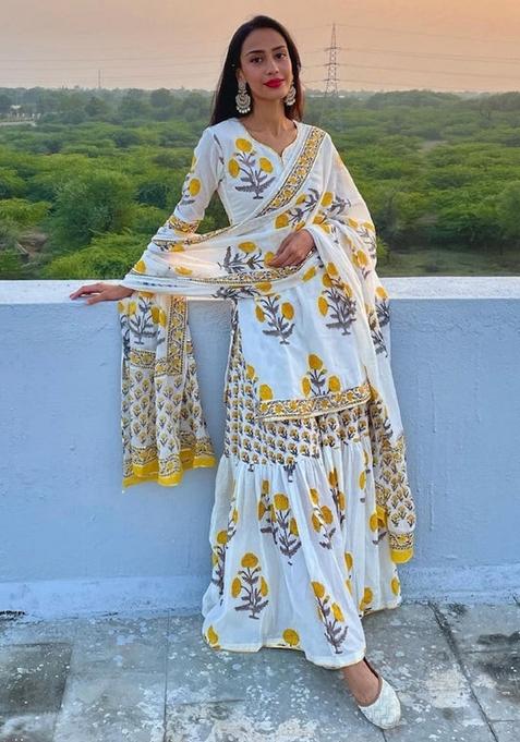 White Embroidered Cotton Kurta Sharara Set