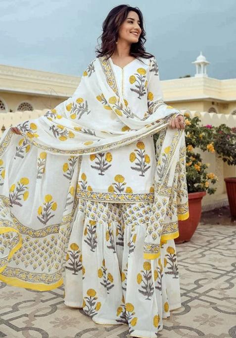 White Embroidered Cotton Kurta Sharara Set