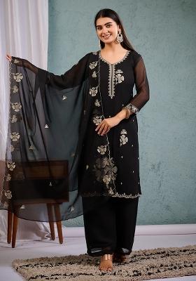Black Embroidered Georgette Straight Kurta Set