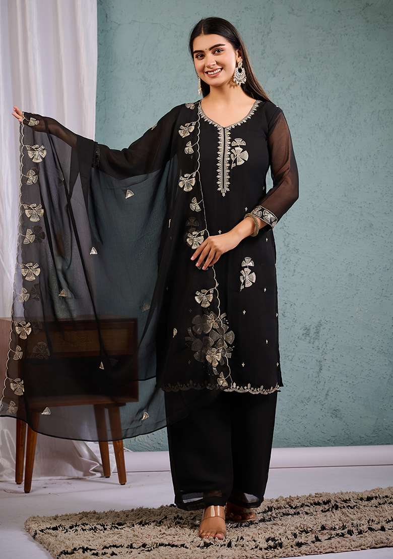 Black Embroidered Georgette Straight Kurta Set - Indya