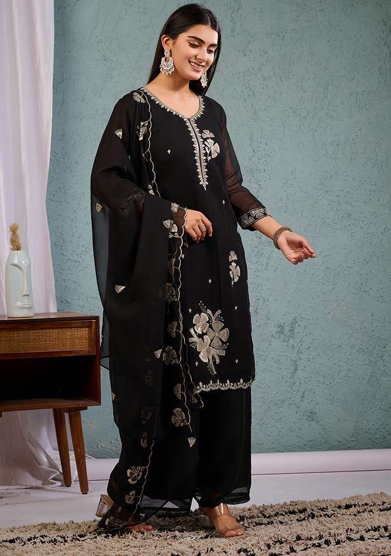 Black Embroidered Georgette Straight Kurta Set - Indya