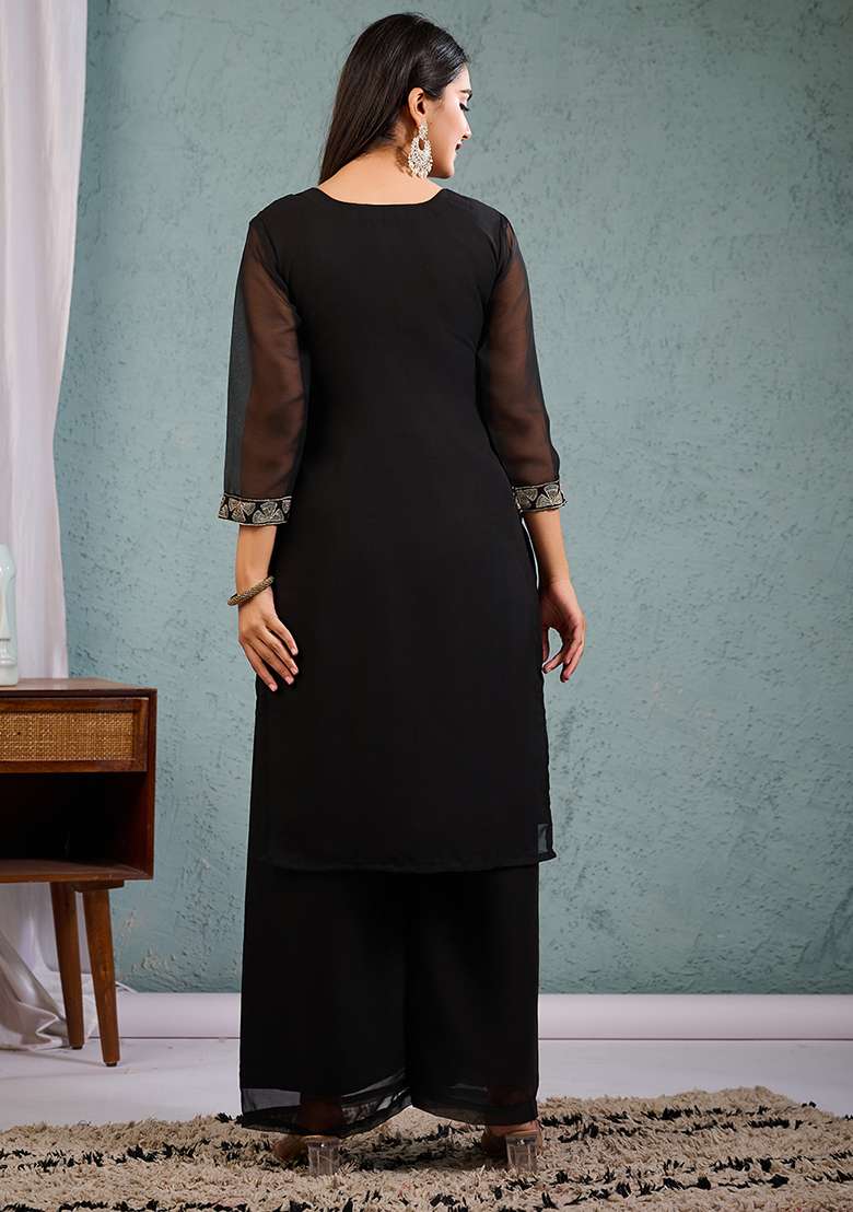 Black Embroidered Georgette Straight Kurta Set - Indya