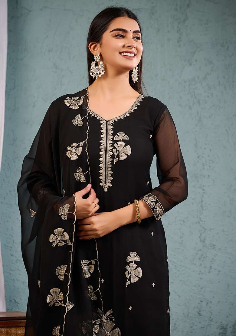 Black Embroidered Georgette Straight Kurta Set - Indya
