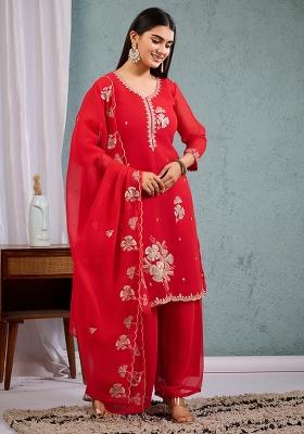 Red Embroidered Georgette Straight Kurta Set