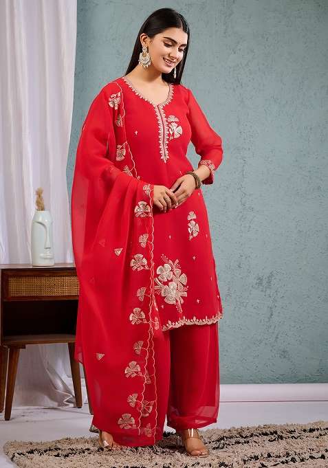 Red Embroidered Georgette Straight Kurta Set