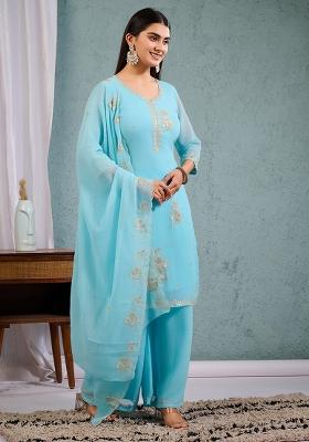 Sky Blue Embroidered Georgette Kurta Sets