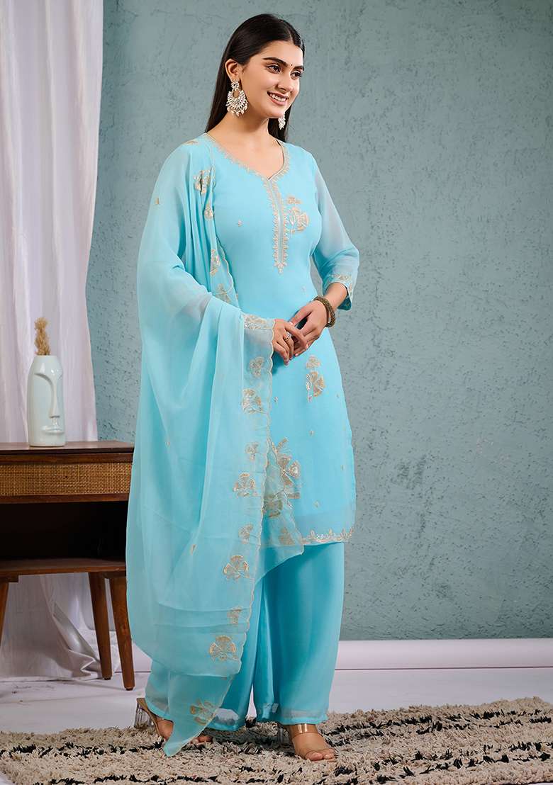 Sky Blue Embroidered Georgette Straight Kurta Set - Indya