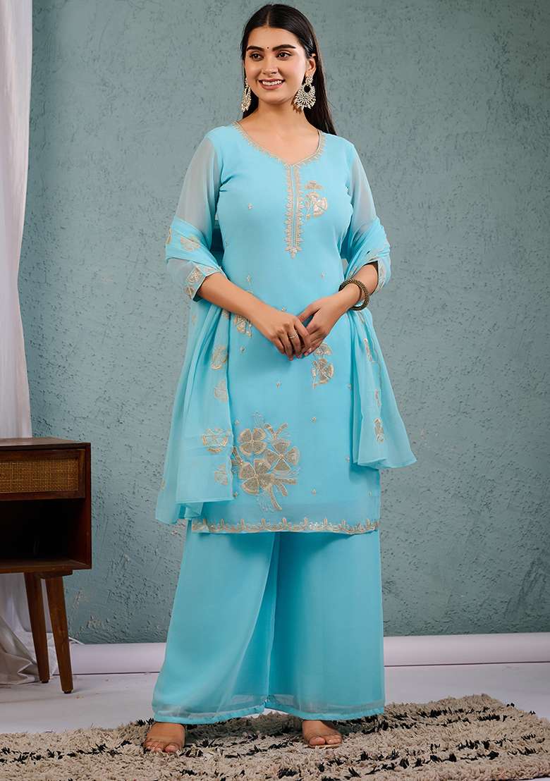 Sky Blue Embroidered Georgette Straight Kurta Set - Indya