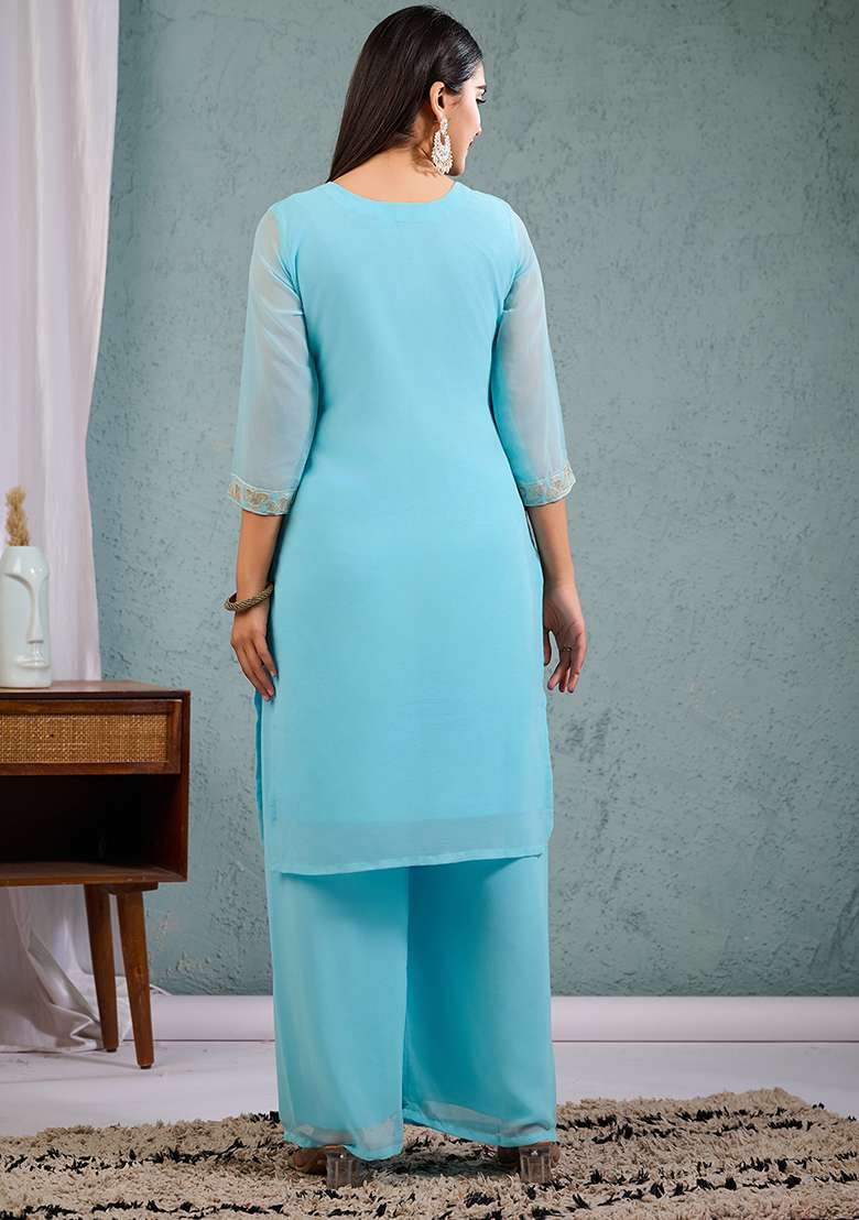 Sky Blue Embroidered Georgette Straight Kurta Set - Indya