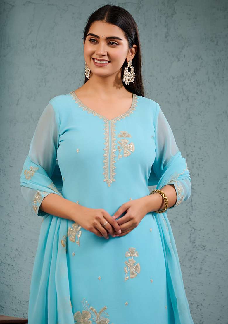 Sky Blue Embroidered Georgette Straight Kurta Set - Indya