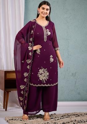 Wine Embroidered Georgette Straight Kurta Set