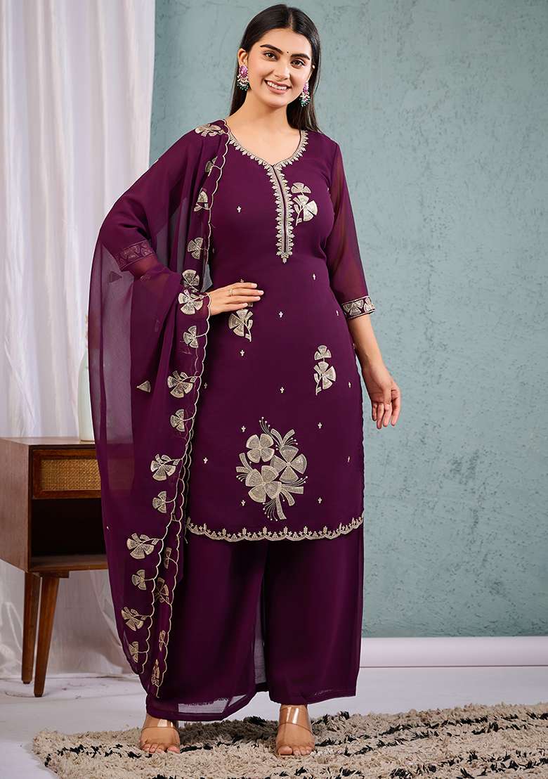 Wine Embroidered Georgette Straight Kurta Set - Indya