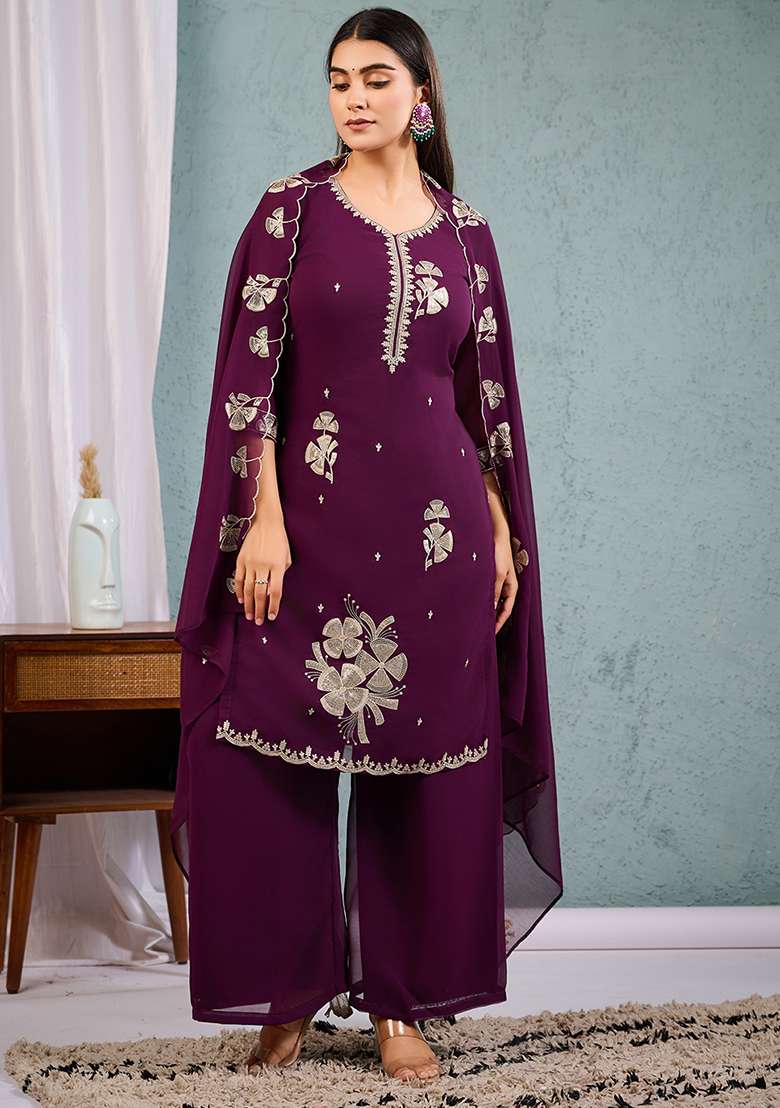 Wine Embroidered Georgette Straight Kurta Set - Indya
