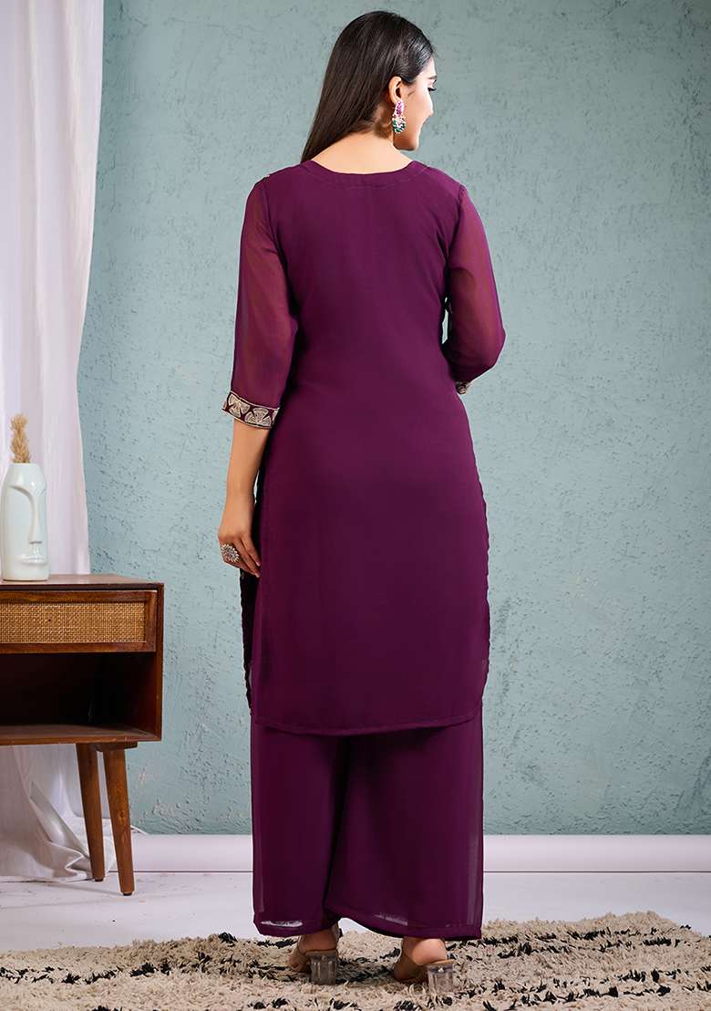 Wine Embroidered Georgette Straight Kurta Set - Indya
