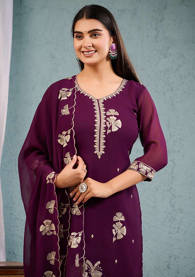 Wine Embroidered Georgette Straight Kurta Set - Indya
