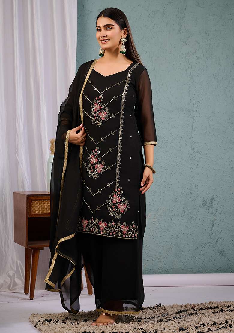 Black Embroidered Georgette Straight Kurta Set - Indya