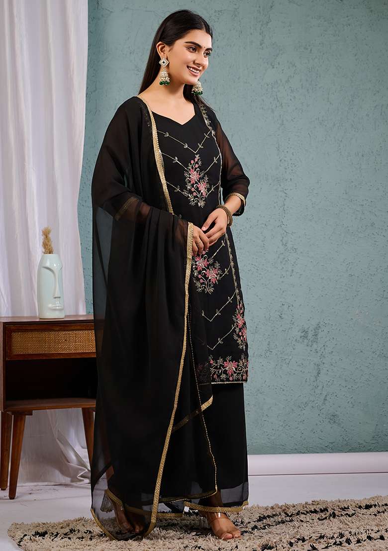 Black Embroidered Georgette Straight Kurta Set - Indya