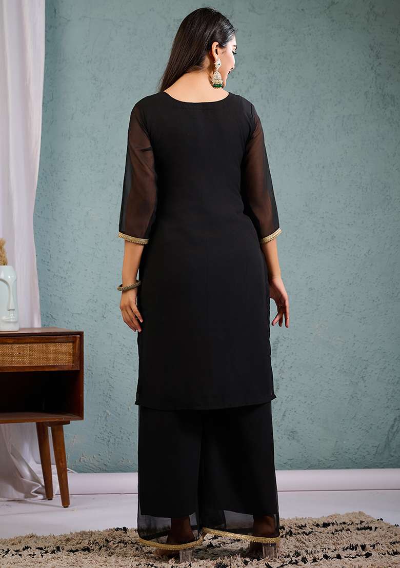 Black Embroidered Georgette Straight Kurta Set - Indya