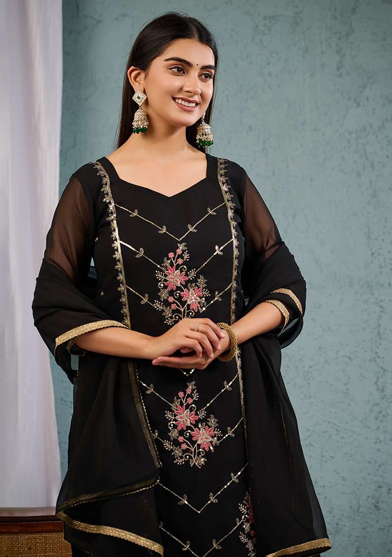 Black Embroidered Georgette Straight Kurta Set - Indya