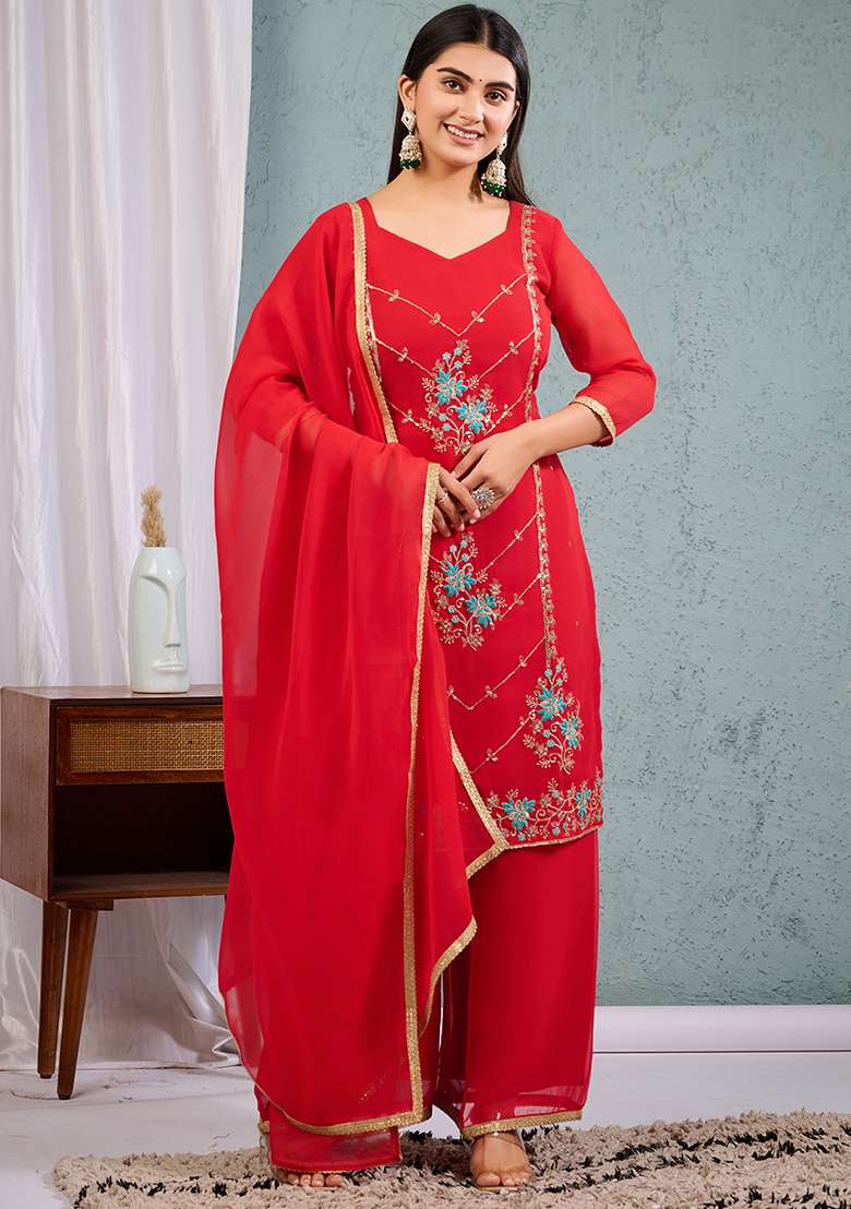 Red Embroidered Georgette Straight Kurta Set - Indya