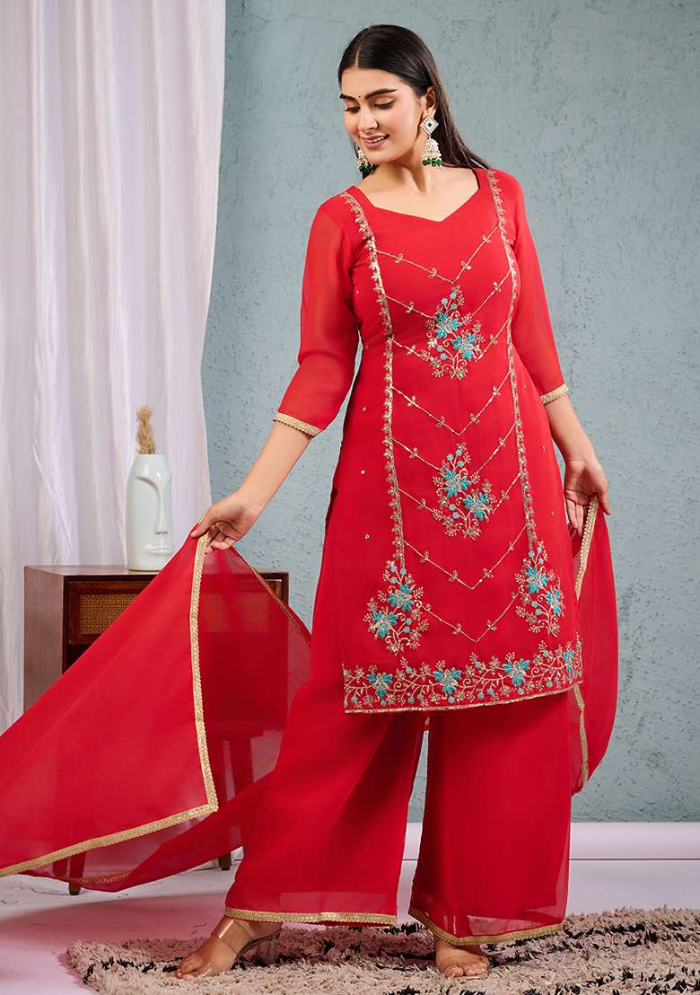 Red Embroidered Georgette Straight Kurta Set - Indya