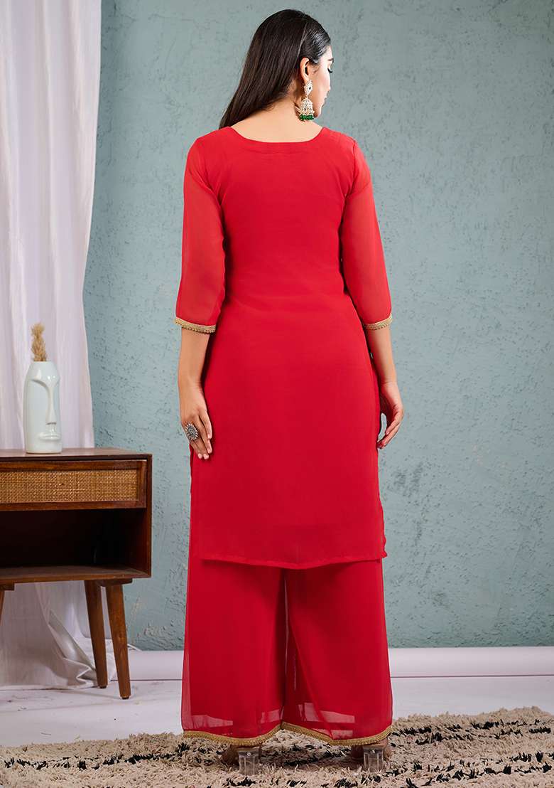 Red Embroidered Georgette Straight Kurta Set - Indya