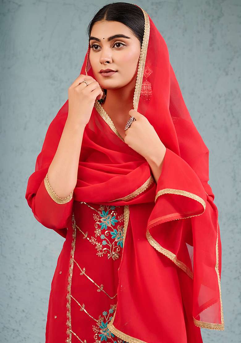 Red Embroidered Georgette Straight Kurta Set - Indya