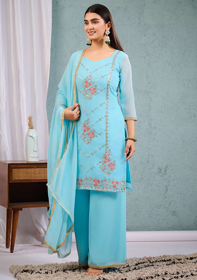 Sky Blue Embroidered Georgette Straight Kurta Set - Indya