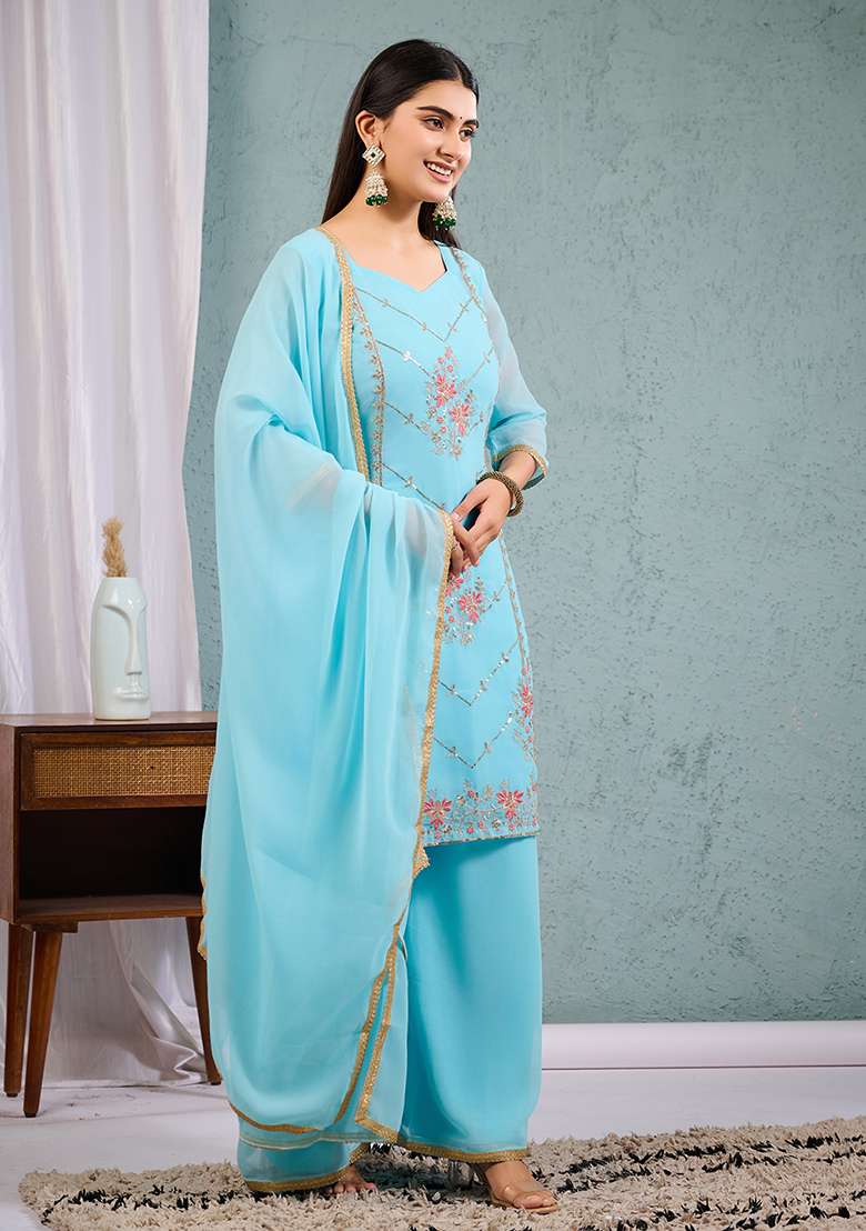 Sky Blue Embroidered Georgette Straight Kurta Set - Indya