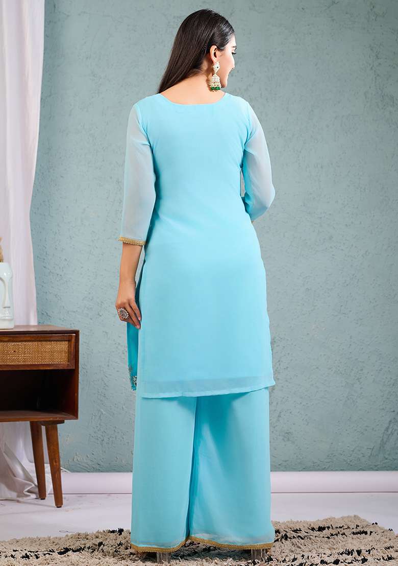 Sky Blue Embroidered Georgette Straight Kurta Set - Indya