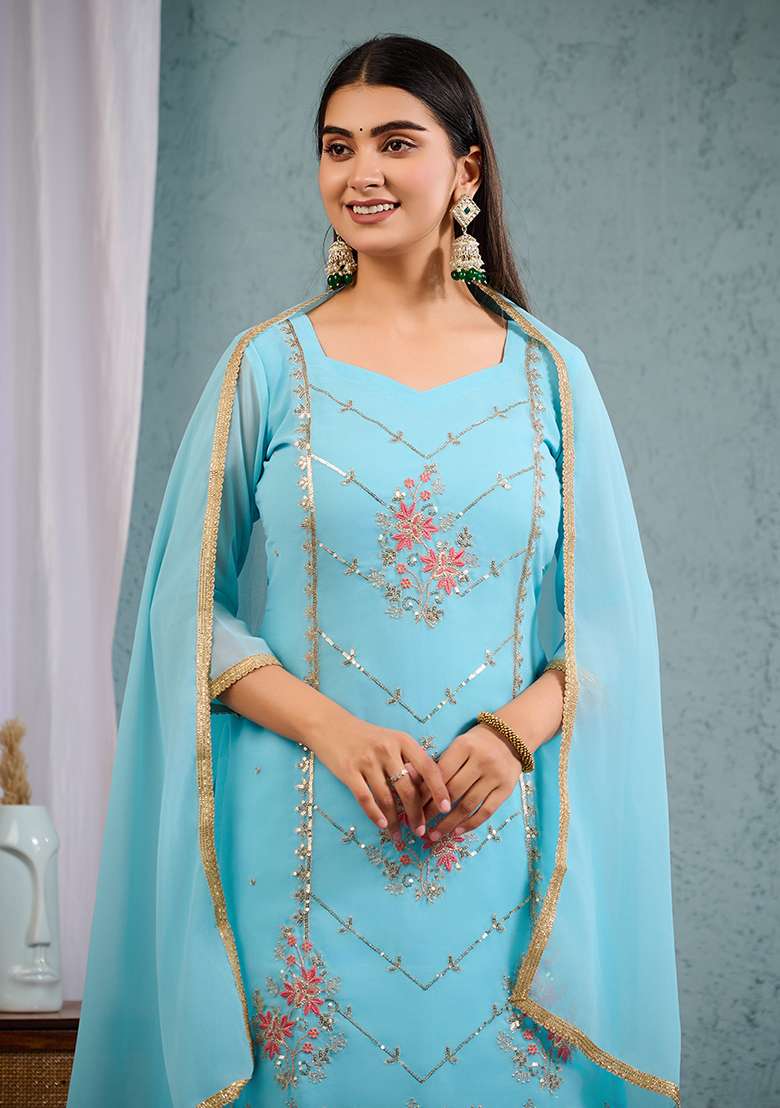 Sky Blue Embroidered Georgette Straight Kurta Set - Indya