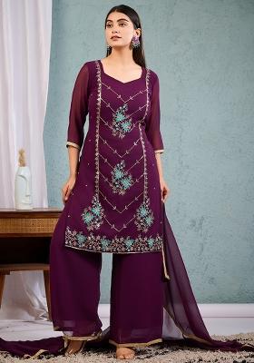Wine Embroidered Georgette Straight Kurta Set